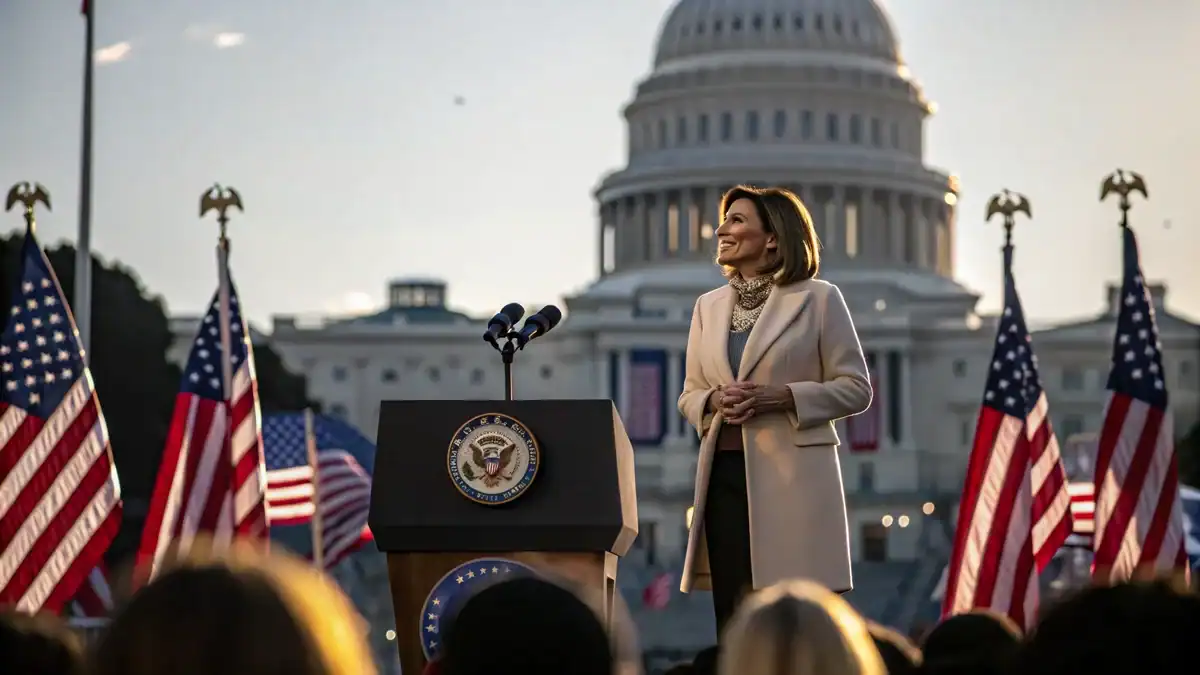 Editorial illustration of a female politician standing in front of the U.S. Capitol with American flags.