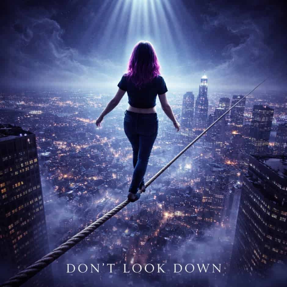 Woman walking on a tightrope above a city skyline at night.