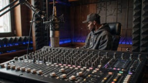 Hip-hop artist in a recording studio with mixing console and microphone.