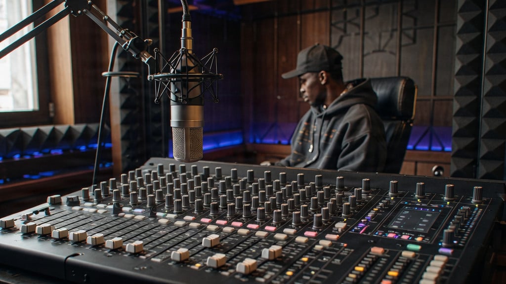 Hip-hop artist in a recording studio with mixing console and microphone.