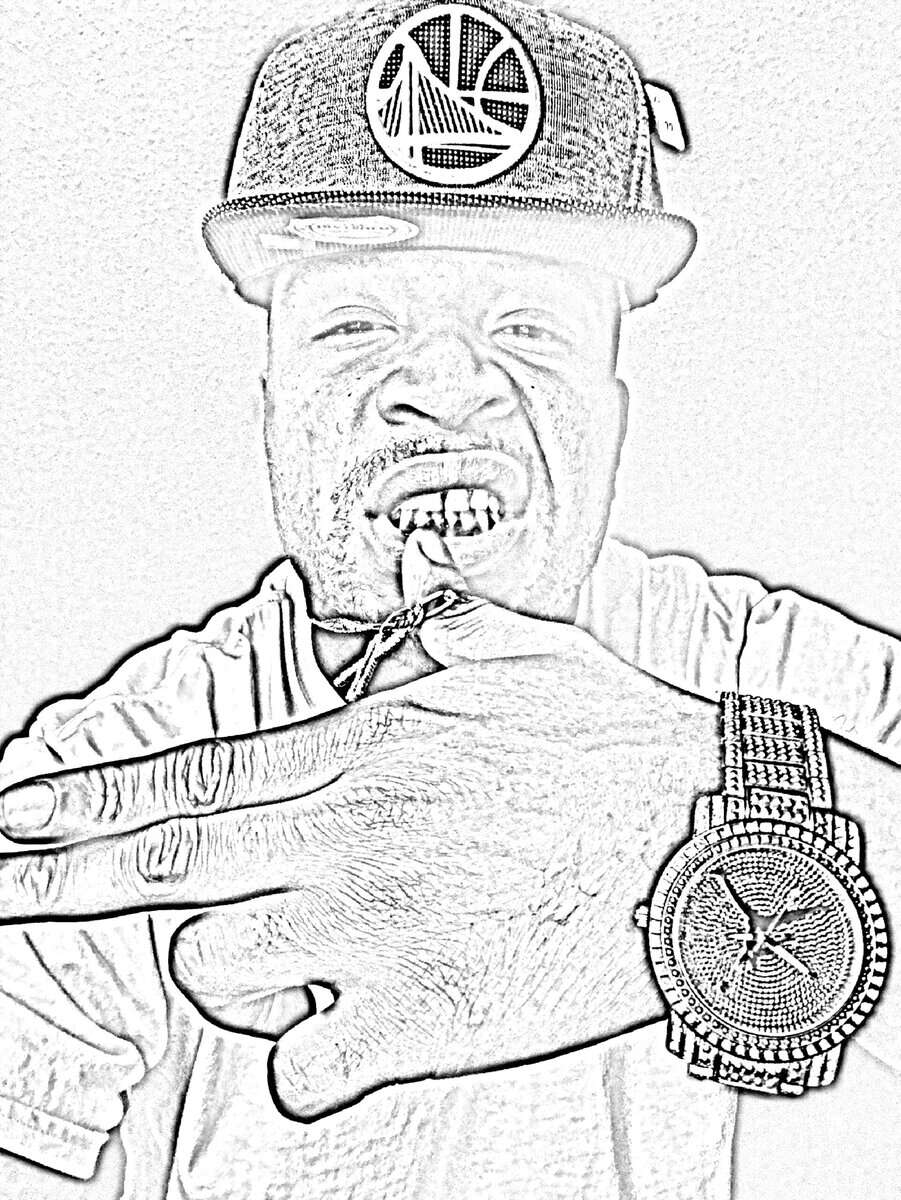 Hip-hop artist wearing a cap and showing a gold grill, with a large watch on his wrist.